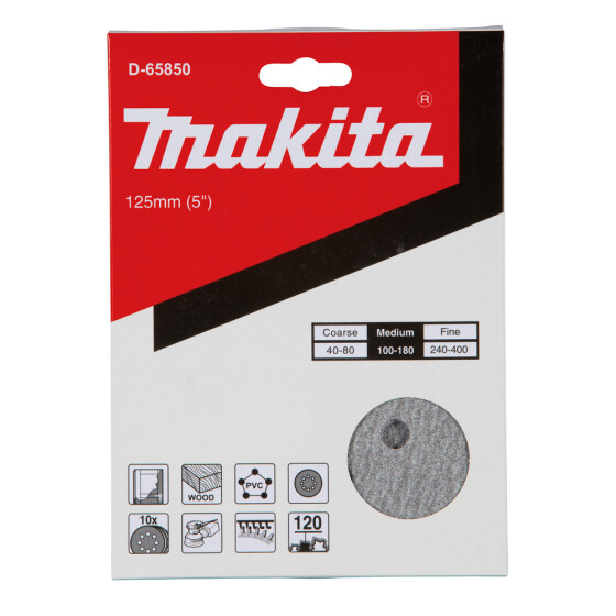 Makita Schleifscheibe P120 125mm Klett Ø 125 mm Körnung P120 Klett 8 Loch 10 Stück D-65850