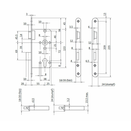 BKS PZ Einsteckschloss Kl.2 Falle und Riegel Zinkdruckguss F20/55/72/8